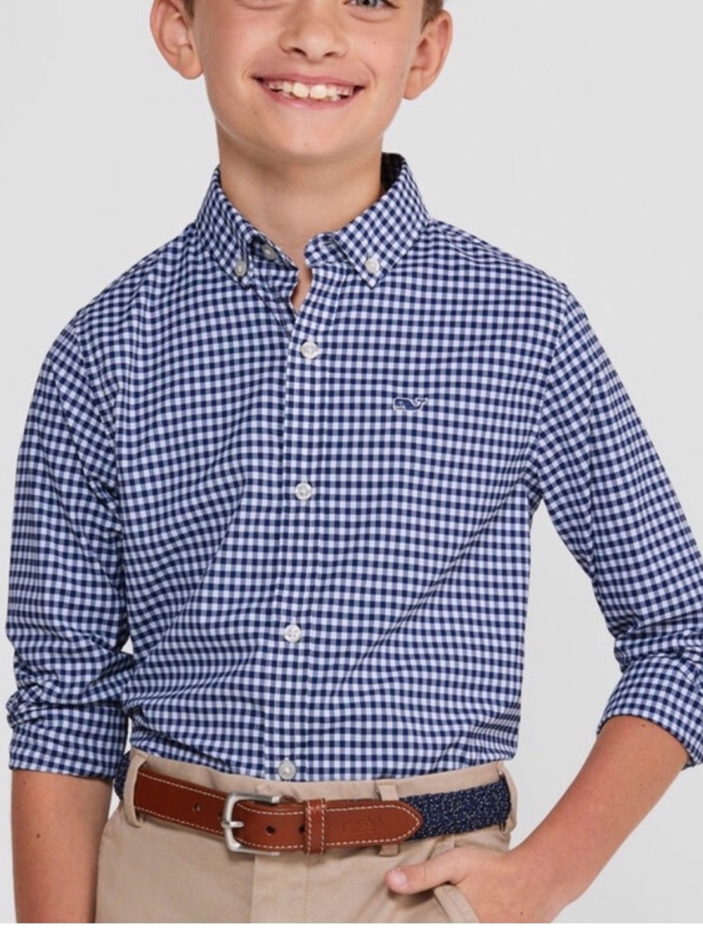 Vineyard Vines Boys' Navy Blue & White Gingham Performance Button-Down Shirt